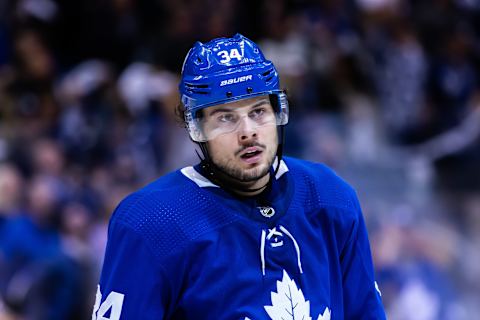 TORONTO, ON – APRIL 21: Auston Matthews #34 of the Toronto Maple Leafs looks on against the Boston Bruins during the third period during Game Six of the Eastern Conference First Round during the 2019 NHL Stanley Cup Playoffs at the Scotiabank Arena on April 21, 2019 in Toronto, Ontario, Canada. (Photo by Kevin Sousa/NHLI via Getty Images)