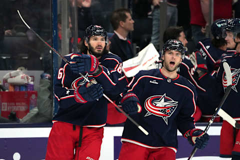 COLUMBUS, OHIO – NOVEMBER 09: Kirill Marchenko #86 of the Columbus Blue Jackets and Adam Fantilli #11 of the Columbus Blue Jackets celebrate a goal during the first period against the Dallas Stars at Nationwide Arena on November 09, 2023 in Columbus, Ohio. (Photo by Jason Mowry/Getty Images)