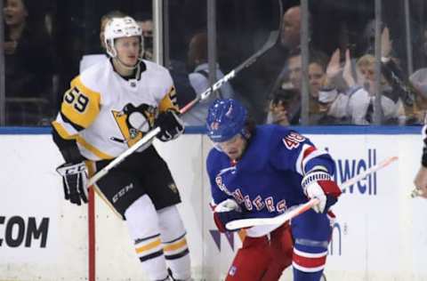 NEW YORK, NEW YORK – MARCH 25: Brendan Lemieux #48 of the New York Rangers celebrates his goal against the Pittsburgh Penguins at 8:25 of the first period at Madison Square Garden on March 25, 2019 in New York City. (Photo by Bruce Bennett/Getty Images)