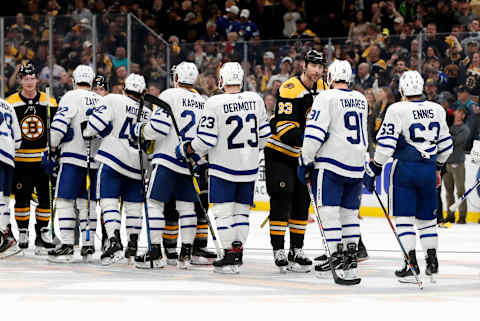 BOSTON, MA – APRIL 23: Boston Bruins left defenseman Zdeno Chara (33) leads the Bruins in handshakes after Game 7 of the 2019 First Round Stanley Cup Playoffs between the Boston Bruins and the Toronto Maple Leafs on April 23, 2019, at TD Garden in Boston, Massachusetts. (Photo by Fred Kfoury III/Icon Sportswire via Getty Images)