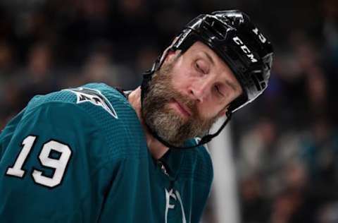 SAN JOSE, CA – FEBRUARY 02: Joe Thornton #19 of the San Jose Sharks looks over his shoulder after the play against the Arizona Coyotes at SAP Center on February 2, 2018 in San Jose, California (Photo by Brandon Magnus/NHLI via Getty Images)