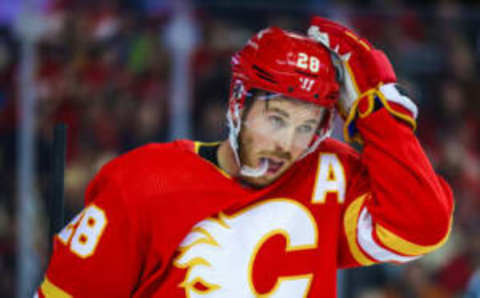 Nov 7, 2023; Calgary, Alberta, CAN; Calgary Flames center Elias Lindholm (28) during the second period against the Nashville Predators at Scotiabank Saddledome. Mandatory Credit: Sergei Belski-USA TODAY Sports