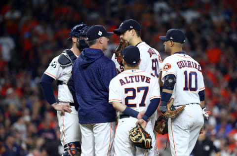 HOUSTON, TX – OCTOBER 28: Manager A.J. Hinch #14 of the Houston Astros visits Charlie Morton #50 on the mound during Game 4 of the 2017 World Series against the Los Angeles Dodgers at Minute Maid Park on Saturday, October 28, 2017, in Houston, Texas. (Photo by Alex Trautwig/MLB Photos via Getty Images)