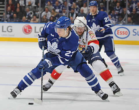 TORONTO, CANADA – MAY 2: Aleksander Barkov #16 of the Florida Panthers skates to check Matthew Knies #23 of the Toronto Maple Leafs  (Photo by Claus Andersen/Getty Images)