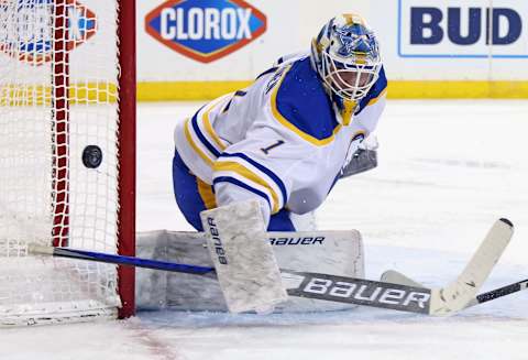 NEW YORK, NEW YORK – APRIL 27: Ukko-Pekka Luukkonen #1 of the Buffalo Sabres makes the second period save against the New York Rangers at Madison Square Garden on April 27, 2021 in New York City. (Photo by Bruce Bennett/Getty Images)