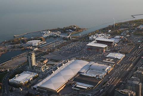 TORONTO, CANADA – MAY 3: An aerial view of the grounds of the CNE at Exhibition Place and BMO Field and Ontario Place in the background on May 3, 2017 in Toronto, Ontario, Canada. (Photo by Tom Szczerbowski/Getty Images) *** Local Caption ***