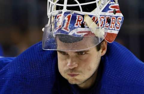 NEW YORK, NEW YORK – OCTOBER 19: Igor Shesterkin #31 of the New York Rangers takes a first-period water break during the game against the Nashville Predators at Madison Square Garden on October 19, 2023, in New York City. (Photo by Bruce Bennett/Getty Images)