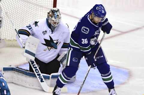 Feb 28, 2016; Vancouver, British Columbia, CAN; Vancouver Canucks forward Jannik Hansen (36) screens San Jose Sharks goaltender Martin Jones (31) during the third period at Rogers Arena. The San Jose Sharks won 4-1. Mandatory Credit: Anne-Marie Sorvin-USA TODAY Sports