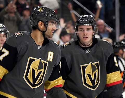 LAS VEGAS, NEVADA – SEPTEMBER 15: Max Pacioretty #67 of the Vegas Golden Knights celebrates with Cody Glass #9 after glass assisted Pacioretty on his third goal of the game against the Arizona Coyotes in the second period of their preseason game at T-Mobile Arena on September 15, 2019 in Las Vegas, Nevada. The Golden Knights defeated the Coyotes 6-2. (Photo by Ethan Miller/Getty Images)