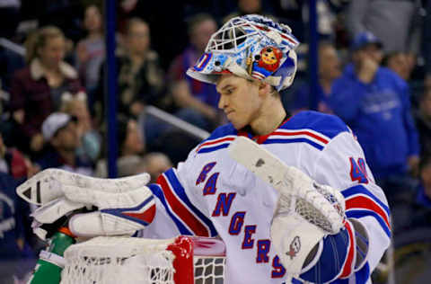 COLUMBUS, OH – JANUARY 13: Alexandar Georgiev #40 of the New York Rangers takes a drink of water during a stoppage in play in the game against the Columbus Blue Jackets on January 13, 2019 at Nationwide Arena in Columbus, Ohio. (Photo by Kirk Irwin/Getty Images)