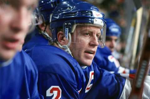 BOSTON, MA – 1990’s: Brian Leetch #2 of the New York Rangers watches the play from the bench against the Boston Bruins at the Fleet Center. (Photo by Steve Babineau/NHLI via Getty Images)