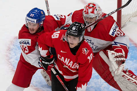 Peyton Krebs #18 of Canada. (Photo by Codie McLachlan/Getty Images)