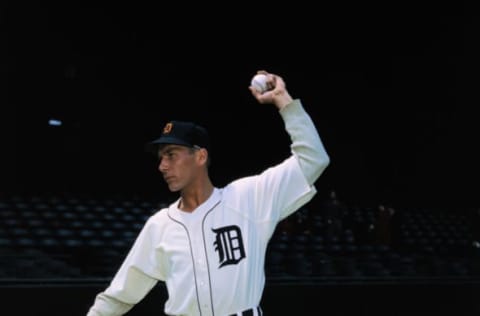 (Original Caption) Photo shows Hal Newhouser, Detroit Tigers pitcher, about to throw the baseball.