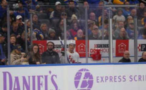 ST LOUIS, MO – DECEMBER 01: Jesperi Kotkaniemi #82 of the Carolina Hurricanes in the penalty box during a game against the St. Louis Blues at Enterprise Center on December 1, 2022 in St Louis, Missouri. (Photo by Dilip Vishwanat/Getty Images)