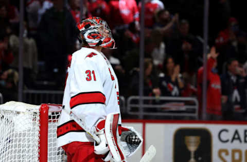 WASHINGTON, DC – MARCH 03: Goalie Frederik Andersen #31 of the Carolina Hurricanes looks on after giving up a goal in the second period against the Washington Capitals at Capital One Arena on March 03, 2022, in Washington, DC. (Photo by Rob Carr/Getty Images)