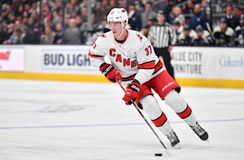 COLUMBUS, OH – OCTOBER 24: Andrei Svechnikov #37 of the Carolina Hurricanes skates against the Columbus Blue Jackets on October 24, 2019 at Nationwide Arena in Columbus, Ohio. (Photo by Jamie Sabau/NHLI via Getty Images)