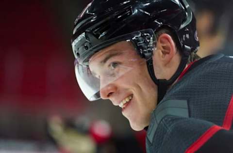 Jan 30, 2021; Raleigh, North Carolina, USA; Carolina Hurricanes right wing Andrei Svechnikov (37) looks on against the Dallas Stars at PNC Arena. Mandatory Credit: James Guillory-USA TODAY Sports