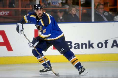 5 Nov 1998: Jamie Rivers #6 of the St. Louis Blues skates up ice during a game against the Los Angeles Kings at the Great Western Forum in Inglewood, California. The Kings and the Blues tied 2-2 after overtime. Mandatory Credit: Elsa Hasch /Allsport