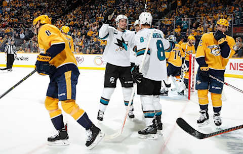 NASHVILLE, TN – OCTOBER 23: Justin Braun #61 celebrates a goal with Joe Pavelski #8 of the San Jose Sharks against the Nashville Predators at Bridgestone Arena on October 23, 2018 in Nashville, Tennessee. (Photo by John Russell/NHLI via Getty Images)