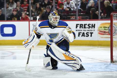 CHICAGO, IL – APRIL 06: Goalie Carter Hutton #40 of the St. Louis Blues guards the net in the third period against the Chicago Blackhawks at the United Center on April 6, 2018 in Chicago, Illinois. The St. Louis Blues defeated the Chicago Blackhawks 4-1. (Photo by Bill Smith/NHLI via Getty Images)