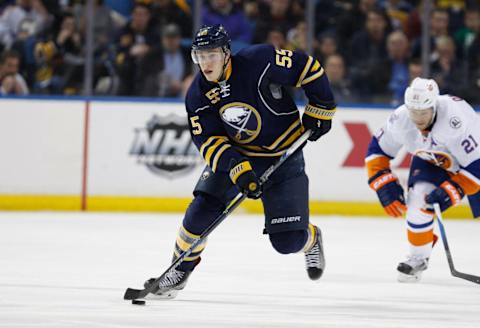 Dec 31, 2015; Buffalo, NY, USA; Buffalo Sabres defenseman Rasmus Ristolainen (55) against the New York Islanders at First Niagara Center. Mandatory Credit: Timothy T. Ludwig-USA TODAY Sports