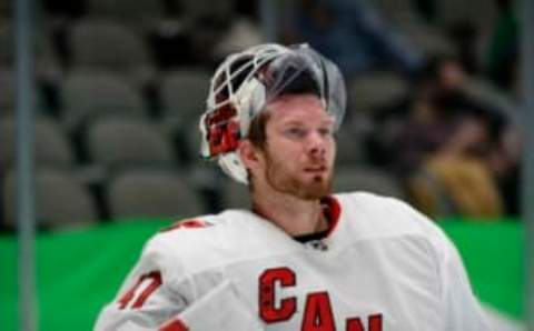 Feb 11, 2021; Dallas, Texas, USA; Carolina Hurricanes goaltender James Reimer (47) waits for play to resume against the Dallas Stars during the second period at the American Airlines Center. Mandatory Credit: Jerome Miron-USA TODAY Sports