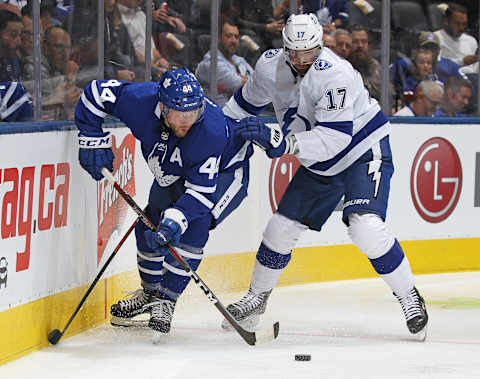 TORONTO, ON – OCTOBER 10: Alex Killorn #17 of the Tampa Bay Lightning battles against Morgan Rielly #44 o (Photo by Claus Andersen/Getty Images)