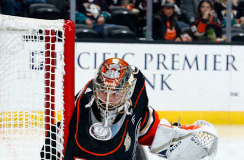 ANAHEIM, CA – OCTOBER 17: John Gibson #36 of the Anaheim Ducks holds the crease during the game against the New York Islanders on October 17, 2018, at Honda Center in Anaheim, California. (Photo by Debora Robinson/NHLI via Getty Images)