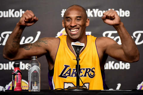 LOS ANGELES, CA – APRIL 13: Kobe Bryant #24 of the Los Angeles Lakers smiles during the post game news conference after scoring 60 points in the final game of his NBA career at Staples Center on April 13, 2016 in Los Angeles, California. NOTE TO USER: User expressly acknowledges and agrees that, by downloading and or using this photograph, User is consenting to the terms and conditions of the Getty Images License Agreement. (Photo by Harry How/Getty Images)