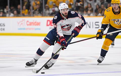 Jan 17, 2023; Nashville, Tennessee, USA; Columbus Blue Jackets right wing Kirill Marchenko (86) skates against the Nashville Predators during the second period at Bridgestone Arena. Mandatory Credit: Steve Roberts-USA TODAY Sports