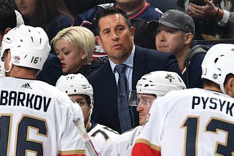 COLUMBUS, OH – JANUARY 7: Head Coach Bob Boughner of the Florida Panthers talks with his team during a game against the Columbus Blue Jackets on January 7, 2018 at Nationwide Arena in Columbus, Ohio. (Photo by Jamie Sabau/NHLI via Getty Images)