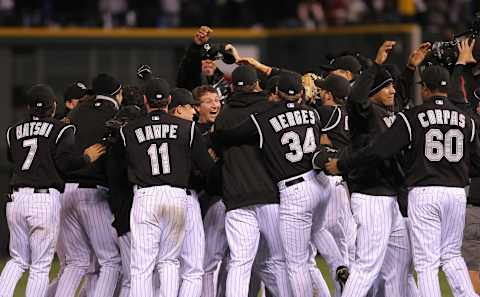 The Colorado Rockies celebrate their 2007 NLCS win. (Photo by Doug Pensinger/Getty Images)