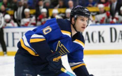 ST. LOUIS, MO – FEBRUARY 12: St. Louis Blues center Brayden Schenn (10) during an NHL game between the New Jersey Devils and the St. Louis Blues on February 12, 2019, at Enterprise Center, St. Louis, MO. (Photo by Keith Gillett/Icon Sportswire via Getty Images)