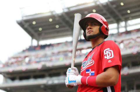 WASHINGTON, D.C. – JULY 15: Fernando Tatis Jr. #23 of the World Team looks on during the SiriusXM All-Star Futures Game at Nationals Park on Sunday, July 15, 2018 in Washington, D.C. (Photo by Rob Tringali/MLB Photos via Getty Images)