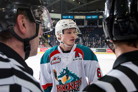 KELOWNA, BC – FEBRUARY 16: Kaedan Korczak #6 of the Kelowna Rockets stands at the bench during a time out against the Vancouver Giants at Prospera Place on February 16, 2019 in Kelowna, Canada. (Photo by Marissa Baecker/Getty Images)