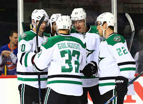 Jan 3, 2016; Brooklyn, NY, USA; Dallas Stars right wing Valeri Nichushkin (43) is congratulated by his teammates after scoring a third period goal against the New York Islanders at Barclays Center. The Islanders defeated the Stars 6-5. Mandatory Credit: Andy Marlin-USA TODAY Sports