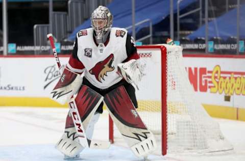 DENVER, COLORADO – MARCH 10: Antti Raanta #32 of the Arizona Coyotes tends goal against the Colorado Avalanche in the second period at Ball Arena on March 10, 2021, in Denver, Colorado. (Photo by Matthew Stockman/Getty Images)