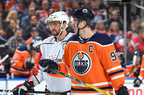 EDMONTON, AB – OCTOBER 28: Connor McDavid #97 of the Edmonton Oilers and Alex Ovechkin #8 the Washington Capitals wait for play to begin on October 28, 2017 at Rogers Place in Edmonton, Alberta, Canada. (Photo by Andy Devlin/NHLI via Getty Images)