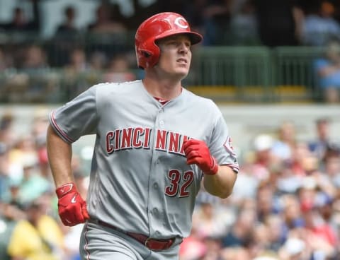 May 29, 2016; Milwaukee, WI, USA; Cincinnati Reds right fielder Jay Bruce (32) runs the bases after hitting a solo home run in the second inning against the Milwaukee Brewers at Miller Park. Mandatory Credit: Benny Sieu-USA TODAY Sports