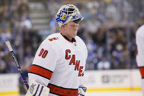 Feb 22, 2020; Toronto, Ontario, CAN; Carolina Hurricanes emergency goaltender David Ayres . Mandatory Credit: John E. Sokolowski-USA TODAY Sports