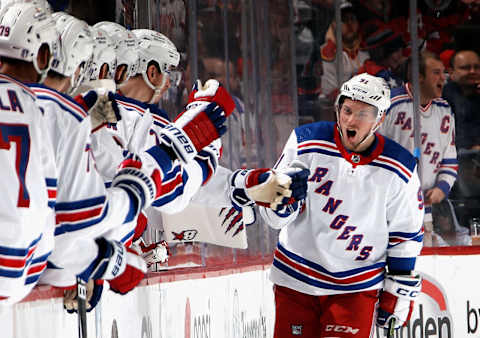 NEWARK, NEW JERSEY – APRIL 20: Vladimir Tarasenko, #91 of the New York Rangers, celebrates a goal at 5:53 of the first period against the New Jersey Devils during Game Two in the First Round of the 2023 Stanley Cup Playoffs at the Prudential Center on April 20, 2023, in Newark, New Jersey. (Photo by Bruce Bennett/Getty Images)