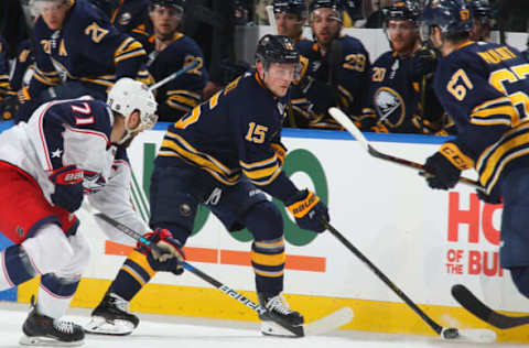 BUFFALO, NY – JANUARY 11: Jack Eichel #15 of the Buffalo Sabres skates during an NHL game against the Columbus Blue Jackets on January 11, 2018 at KeyBank Center in Buffalo, New York. (Photo by Bill Wippert/NHLI via Getty Images)