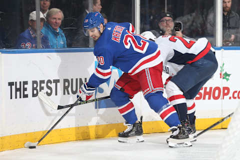 NEW YORK, NY – NOVEMBER 24: Chris Kreider #20 of the New York Rangers skates with the puck against the Washington Capitals at Madison Square Garden on November 24, 2018 in New York City. The Washington Capitals won 5-3. (Photo by Jared Silber/NHLI via Getty Images)