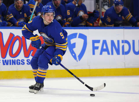 Oct 6, 2023; Buffalo, New York, USA; Buffalo Sabres left wing Zach Benson (9) skates with the puck during the second period against the Pittsburgh Penguins at KeyBank Center. Mandatory Credit: Timothy T. Ludwig-USA TODAY Sports