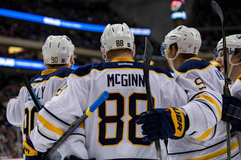 Jan 12, 2016; Saint Paul, MN, USA; Buffalo Sabres forward Jamie McGinn (88) celebrates his goal in the first period against the Minnesota Wild at Xcel Energy Center. Mandatory Credit: Brad Rempel-USA TODAY Sports