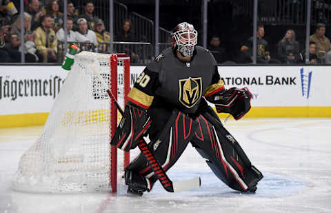 LAS VEGAS, NEVADA – FEBRUARY 28: Robin Lehner #90 of the Vegas Golden Knights   (Photo by Ethan Miller/Getty Images)