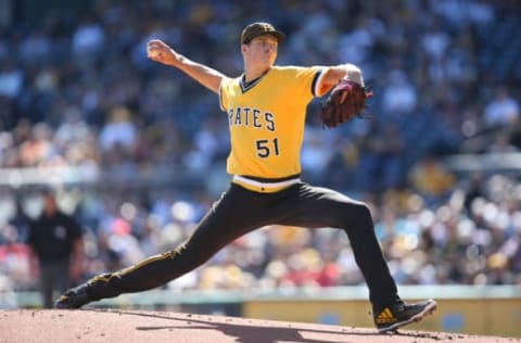 Sep 25, 2016; Pittsburgh, PA, USA; Pittsburgh Pirates starting pitcher Tyler Glasnow (51) delivers a pitch against the Washington Nationals during the first inning at PNC Park. Mandatory Credit: Charles LeClaire-USA TODAY Sports