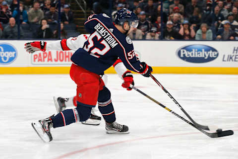 Jan 16, 2020; Columbus, Ohio, USA; Columbus Blue Jackets center Emil Bemstrom (52) scores a goal on a wrist shot against the Carolina Hurricanes during the first period at Nationwide Arena. Mandatory Credit: Russell LaBounty-USA TODAY Sports