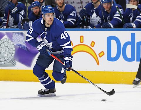 TORONTO, ON – FEBRUARY 22: Mikko Lehtonen #46 of the Toronto Maple Leafs s  (Photo by Claus Andersen/Getty Images)