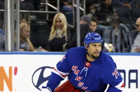 NEW YORK, NEW YORK – OCTOBER 23: Ryan Reaves #75 of the New York Rangers skates against the Columbus Blue Jackets at Madison Square Garden on October 23, 2022, in New York City. The Blue Jackets defeated the Rangers 5-1. (Photo by Bruce Bennett/Getty Images)